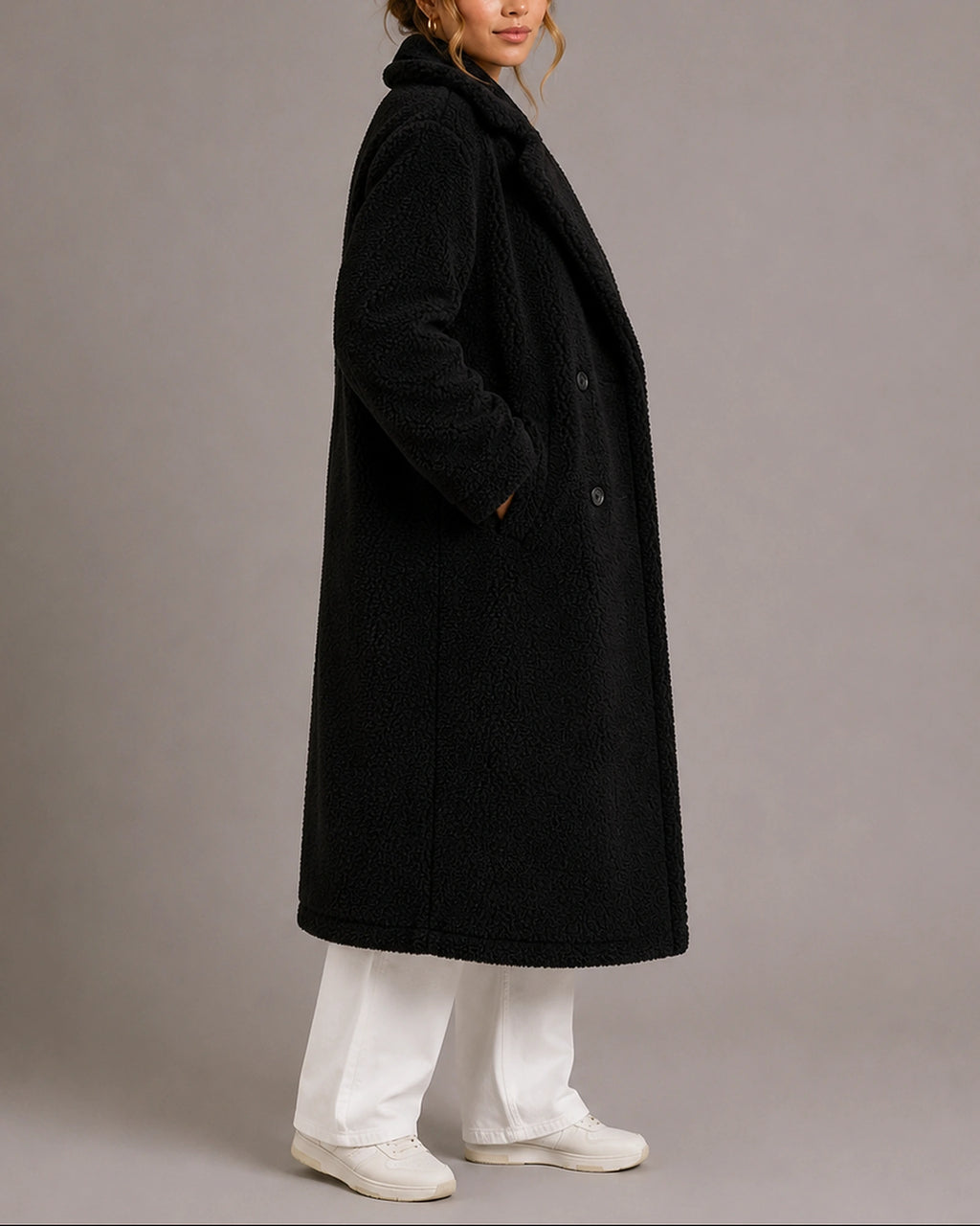 Women's Teddy Coat, Longline Double-Breasted Faux Fur Coat with Oversized Lapel Collar – Poppy