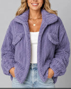 Women's Fleece Jacket in Teddy Fleece with Wide Collar and Chest Flap Pockets, Relaxed Fit – Orla