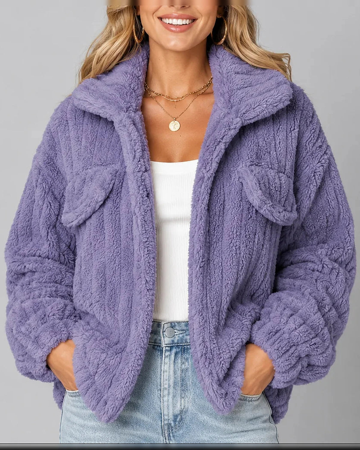 Women's Fleece Jacket in Teddy Fleece with Wide Collar and Chest Flap Pockets, Relaxed Fit – Orla