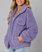 Women's Fleece Jacket in Teddy Fleece with Wide Collar and Chest Flap Pockets, Relaxed Fit – Orla
