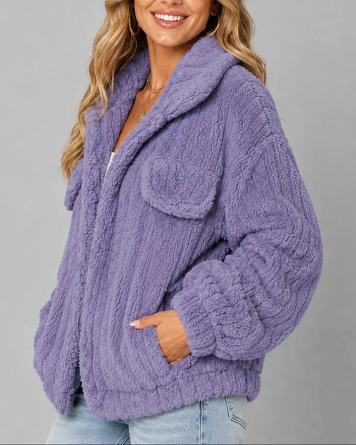 Women's Fleece Jacket in Teddy Fleece with Wide Collar and Chest Flap Pockets, Relaxed Fit – Orla