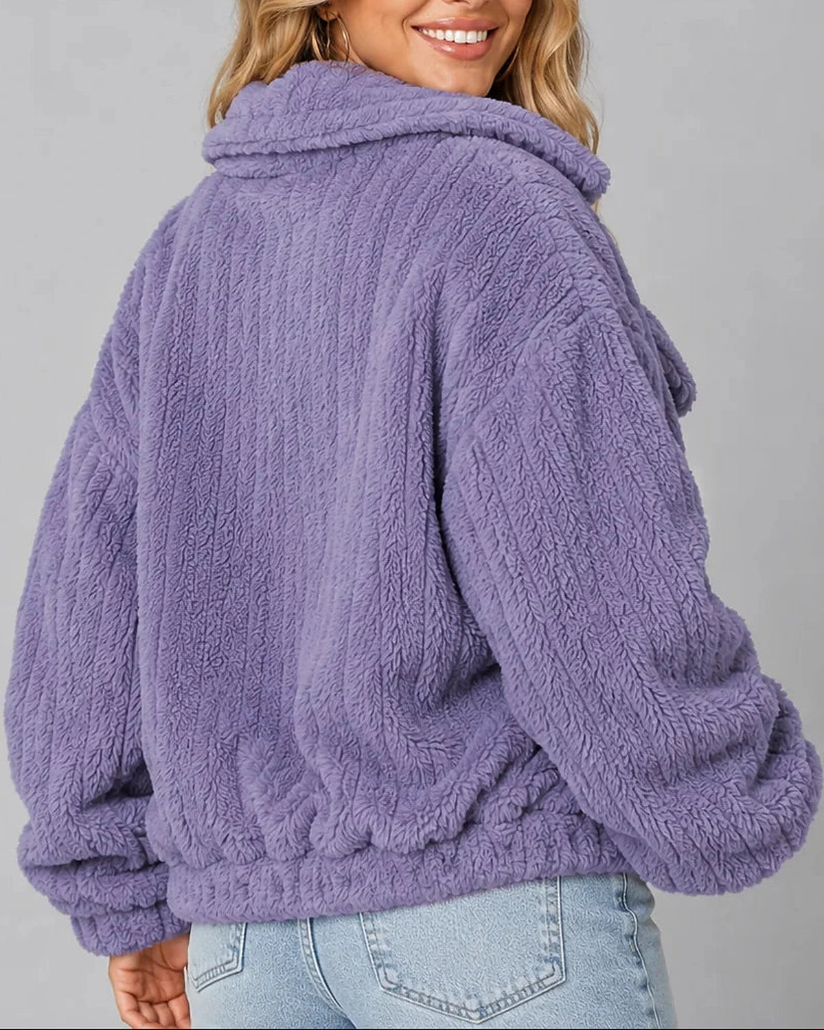 Women's Fleece Jacket in Teddy Fleece with Wide Collar and Chest Flap Pockets, Relaxed Fit – Orla
