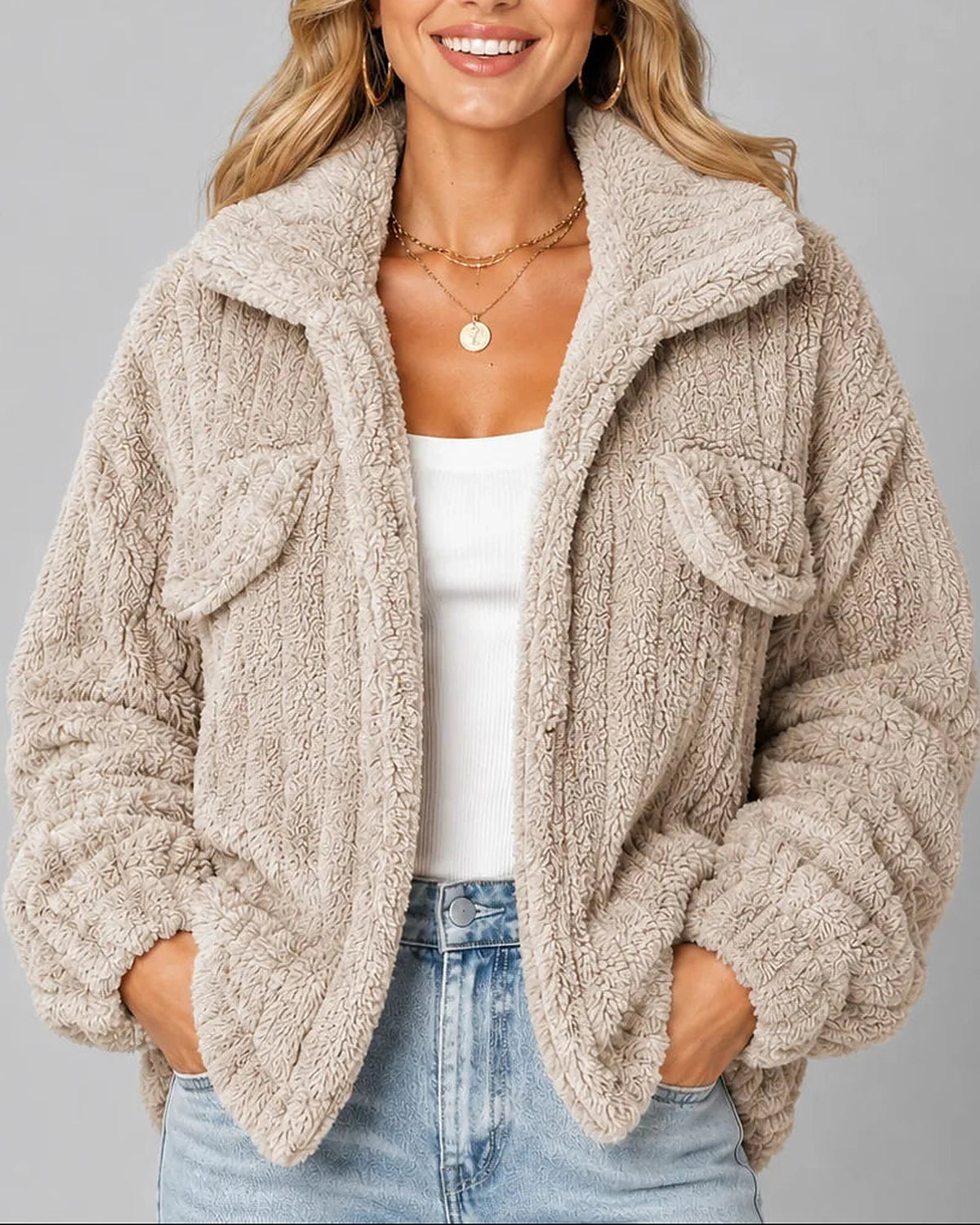 Women's Fleece Jacket in Teddy Fleece with Wide Collar and Chest Flap Pockets, Relaxed Fit – Orla