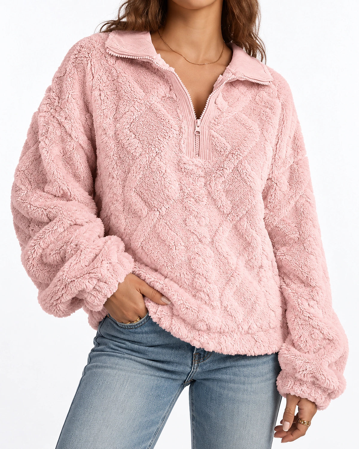 Women's Quarter Zip Fleece Pullover with Ribbed Collar, Relaxed Fit – Delilah