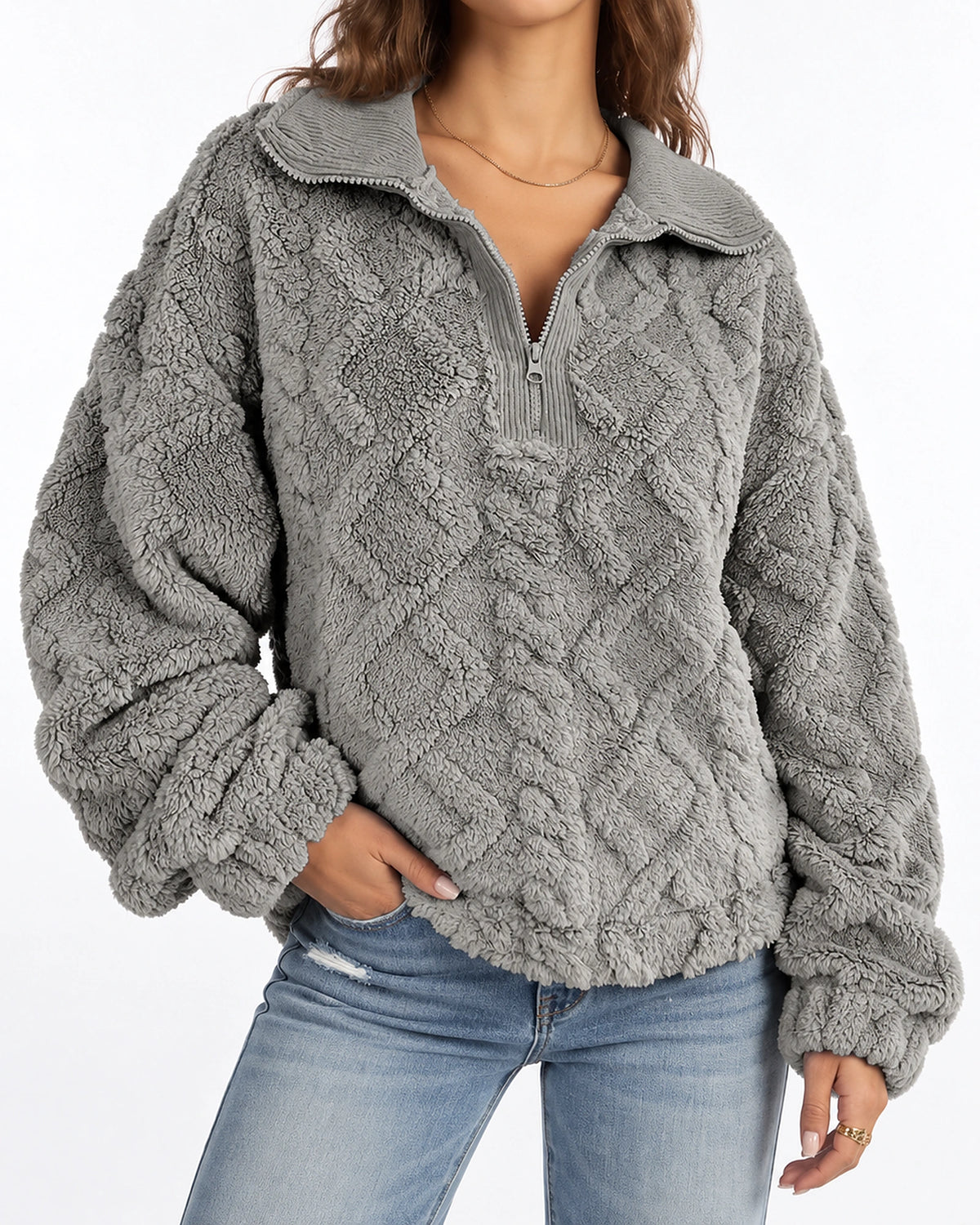 Women's Quarter Zip Fleece Pullover with Ribbed Collar, Relaxed Fit – Delilah