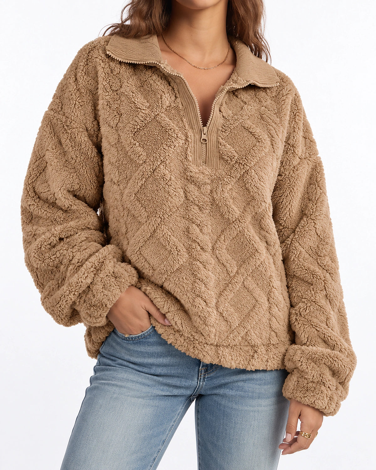 Women's Quarter Zip Fleece Pullover with Ribbed Collar, Relaxed Fit – Delilah