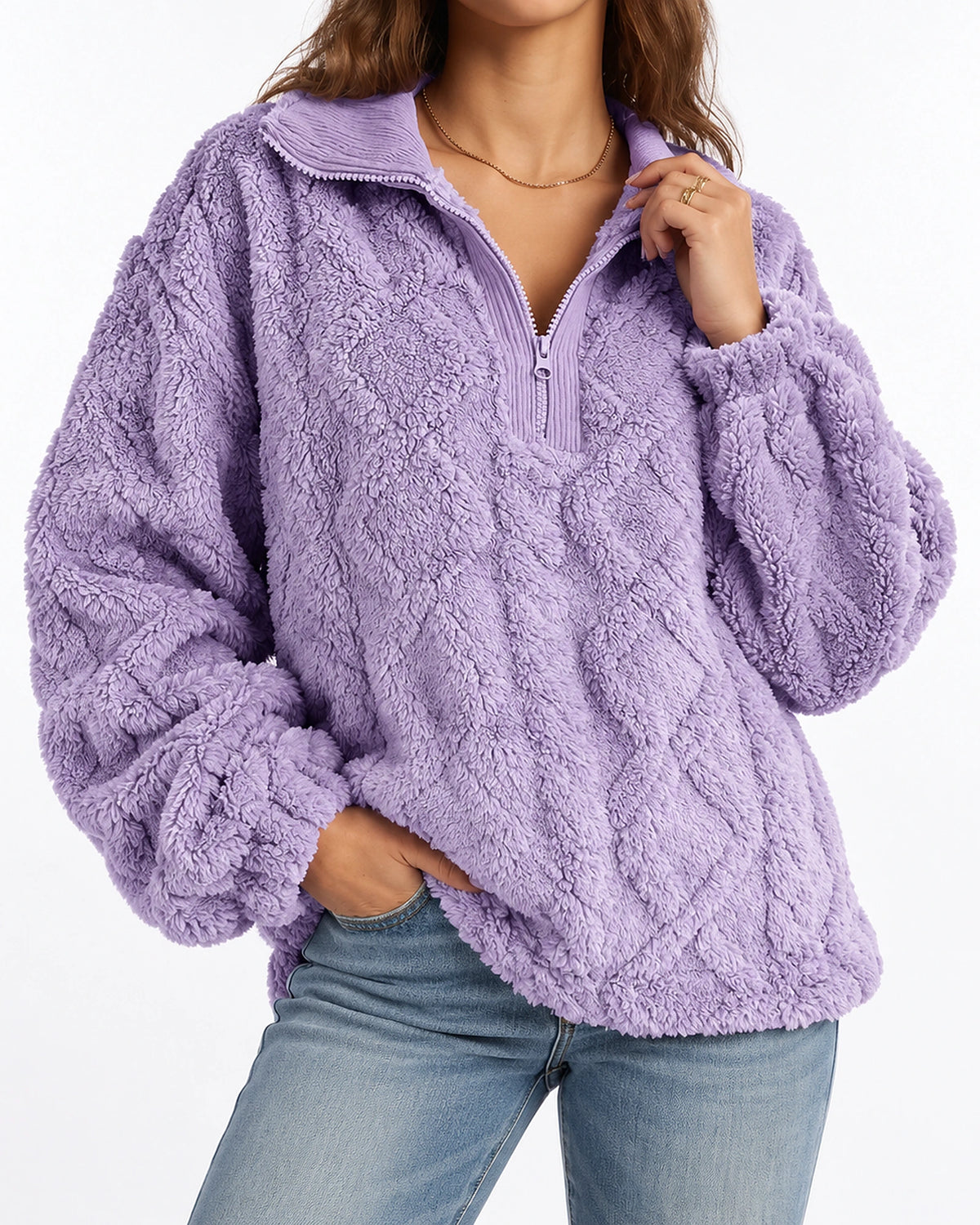 Women's Quarter Zip Fleece Pullover with Ribbed Collar, Relaxed Fit – Delilah