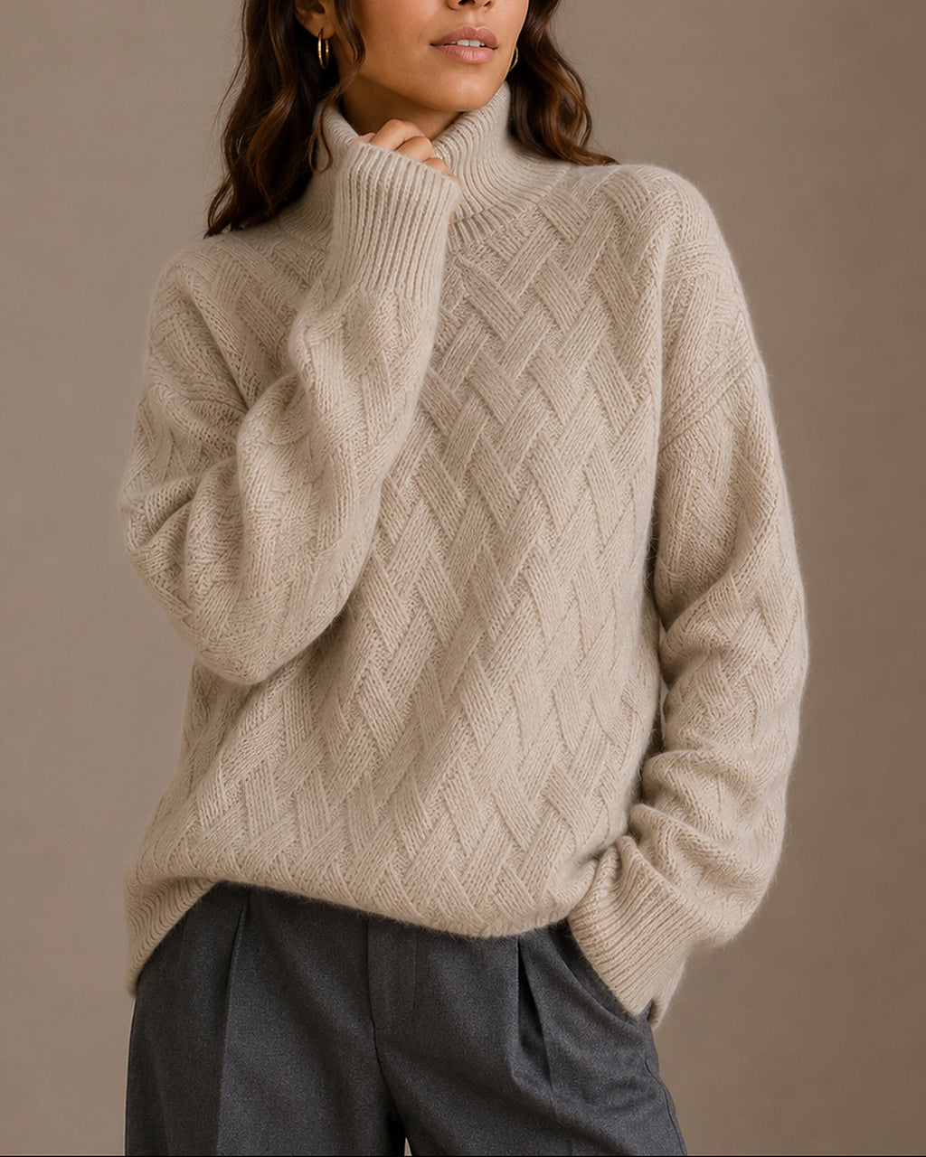Women's Knitwear Turtleneck Jumper with Ribbed Cuffs and Hem, Textured Finish – Talia