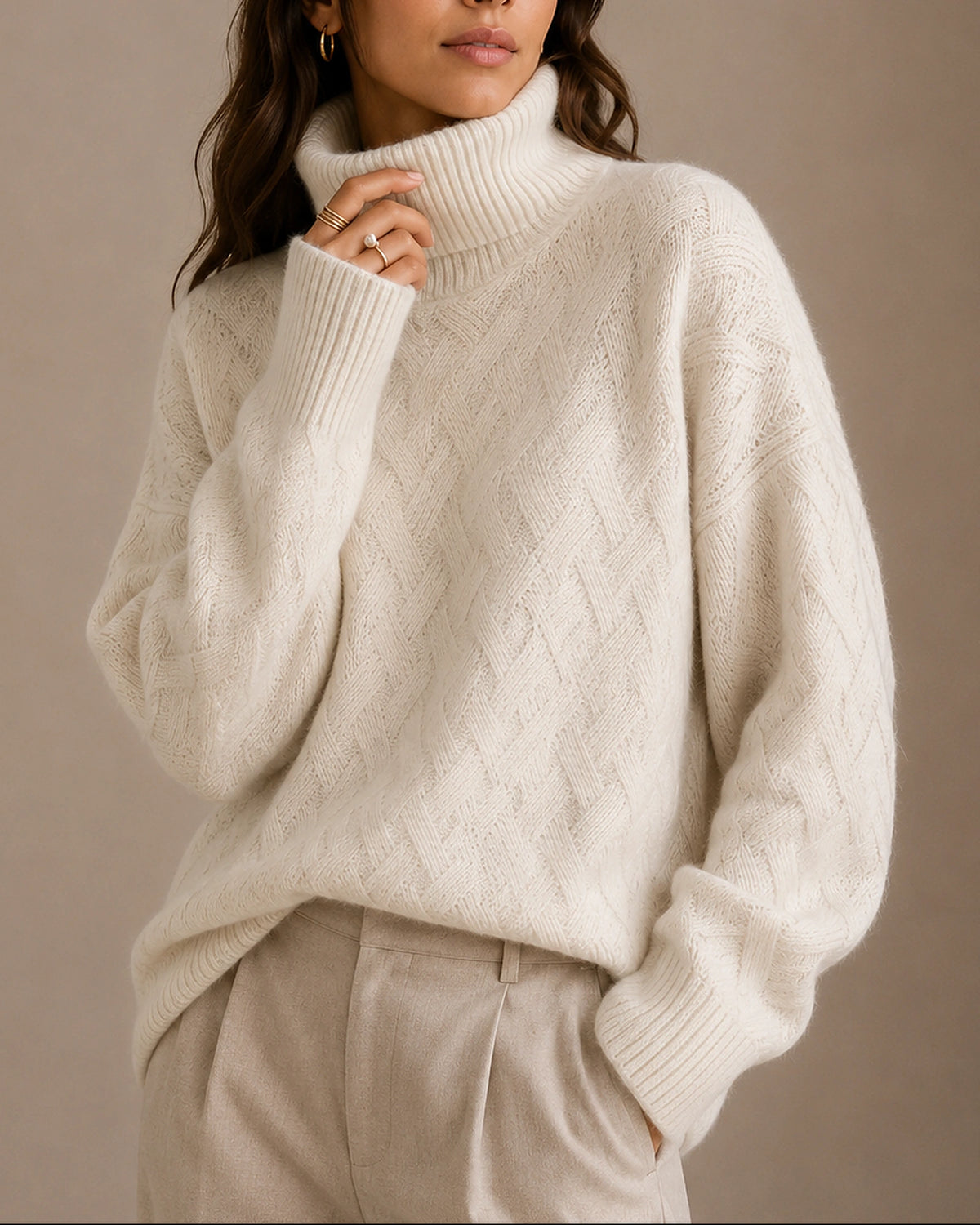 Women's Knitwear Turtleneck Jumper with Ribbed Cuffs and Hem, Textured Finish – Talia