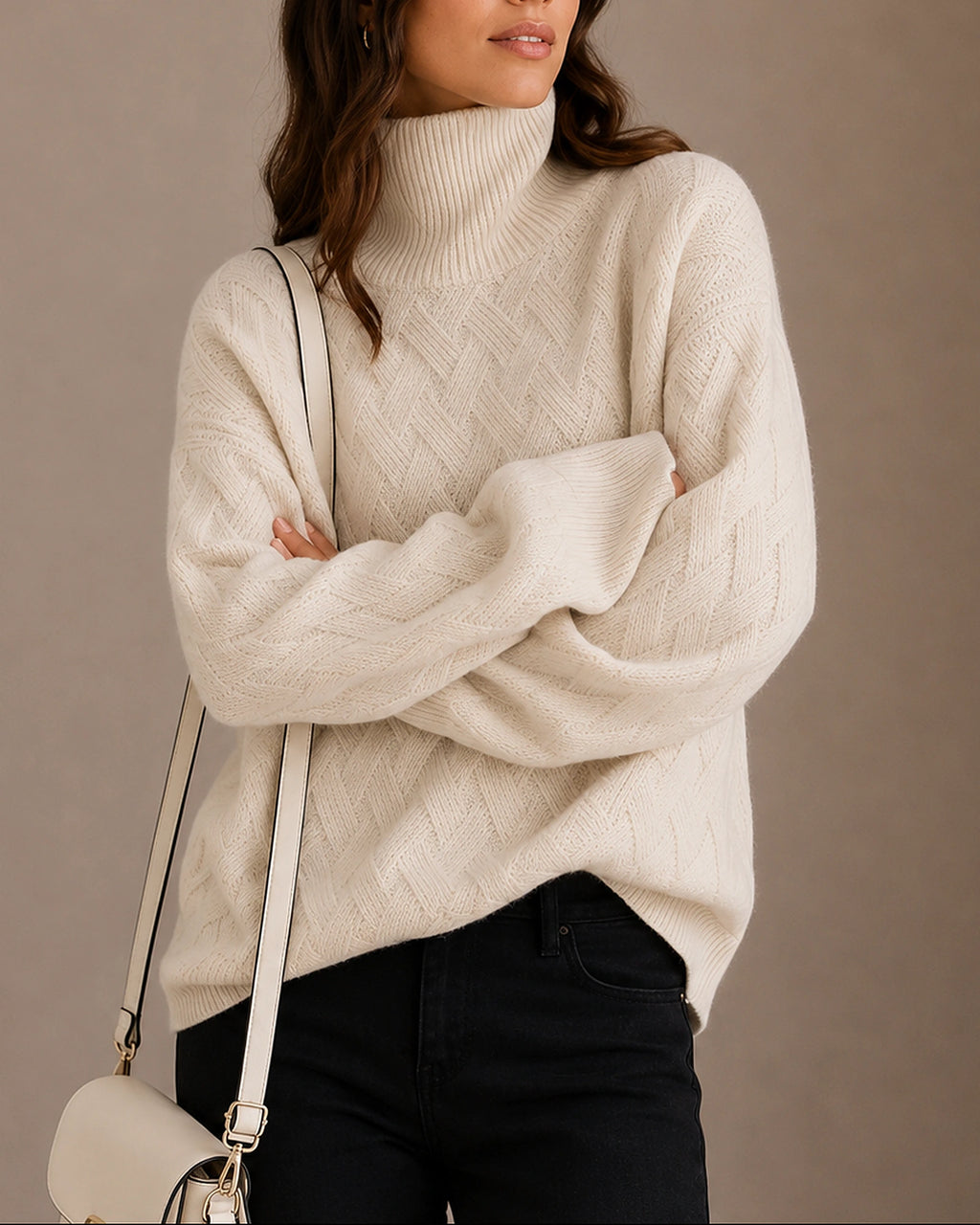 Women's Knitwear Turtleneck Jumper with Ribbed Cuffs and Hem, Textured Finish – Talia
