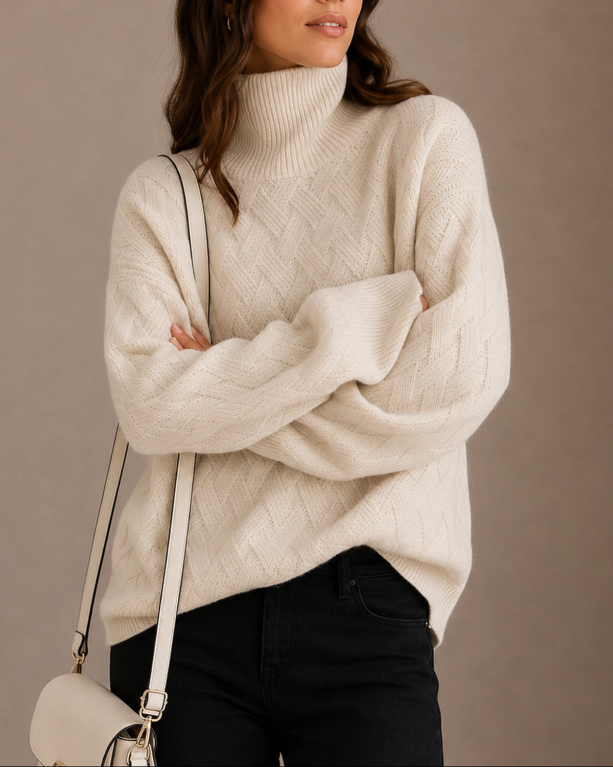 Women's Knitwear Turtleneck Jumper with Ribbed Cuffs and Hem, Textured Finish – Talia
