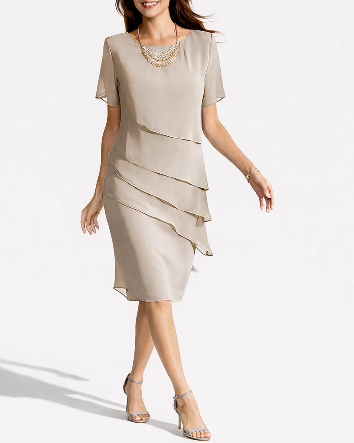 Women's Chiffon Tiered Midi Dress with Short Sleeves, Relaxed Fit – Mila Rose