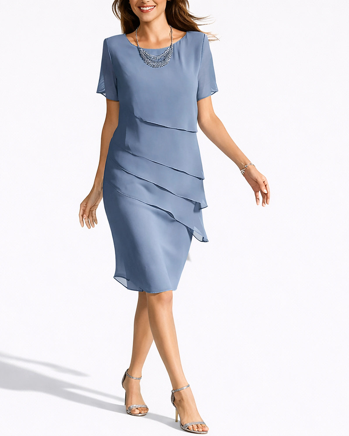 Women's Chiffon Tiered Midi Dress with Short Sleeves, Relaxed Fit – Mila Rose