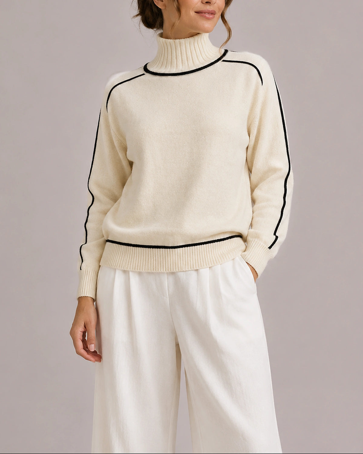 Women's Turtleneck Jumper with Roll Neck, Contrast Piping Trim and Raglan Sleeves – Olive