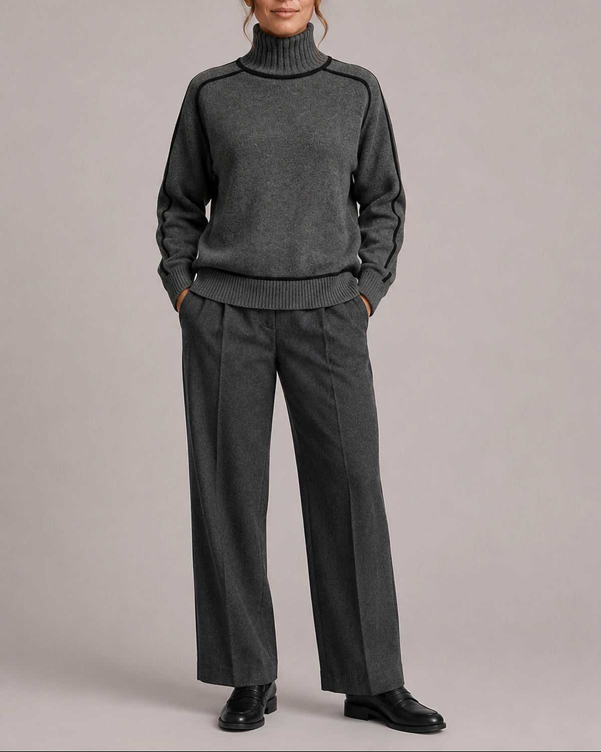 Women's Turtleneck Jumper with Roll Neck, Contrast Piping Trim and Raglan Sleeves – Olive