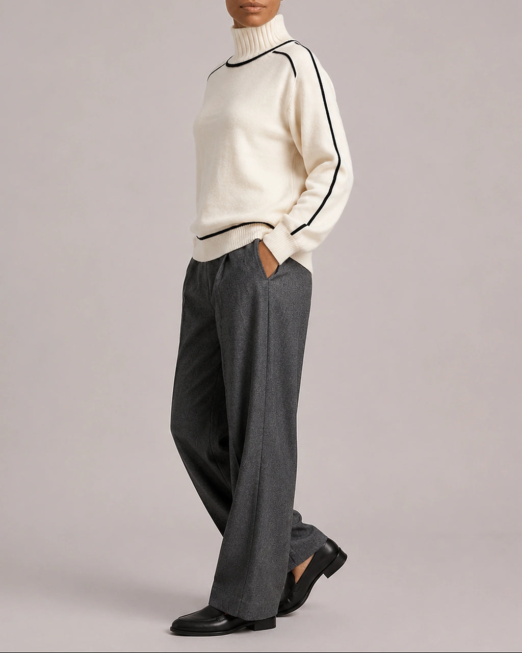 Women's Turtleneck Jumper with Roll Neck, Contrast Piping Trim and Raglan Sleeves – Olive