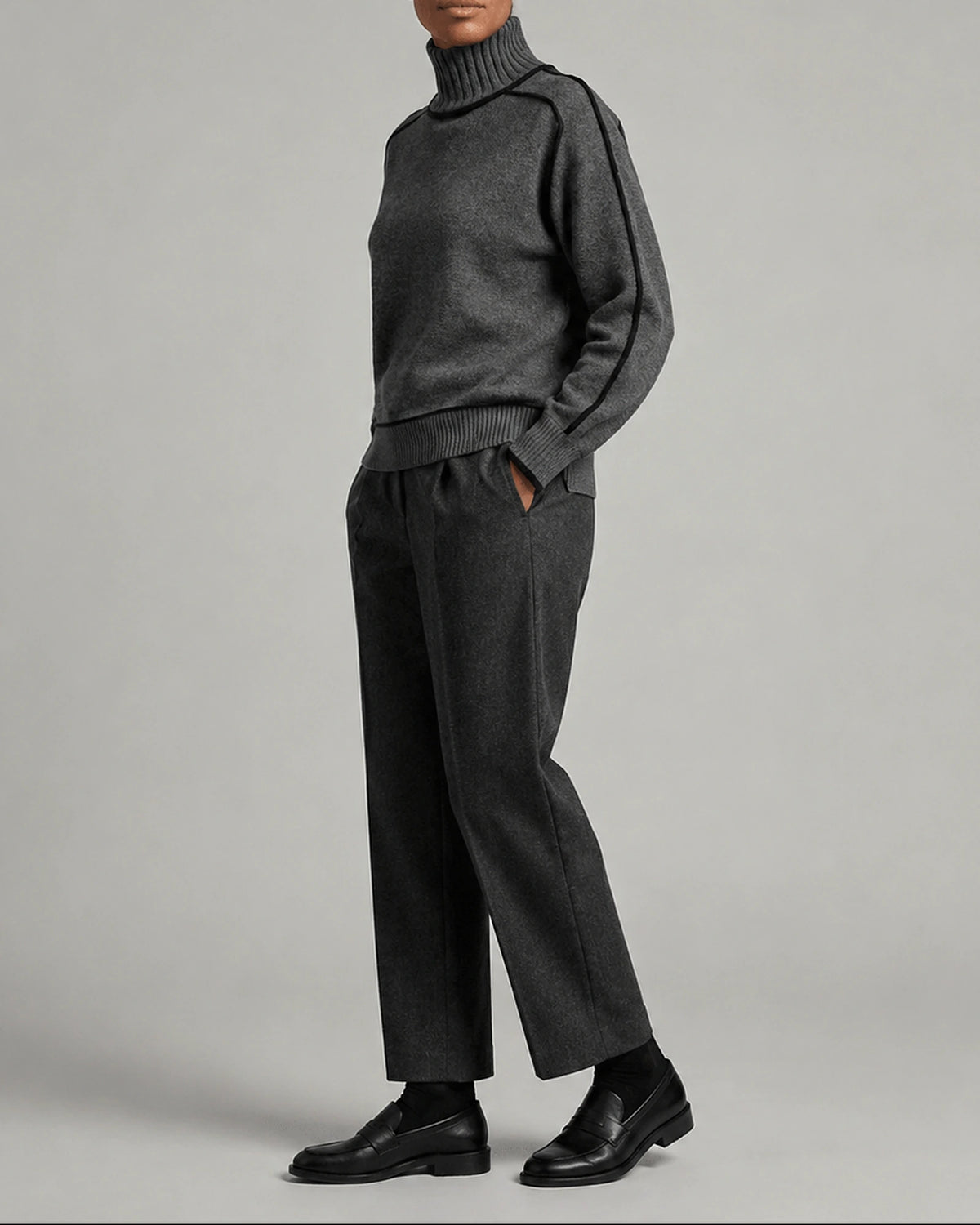 Women's Turtleneck Jumper with Roll Neck, Contrast Piping Trim and Raglan Sleeves – Olive