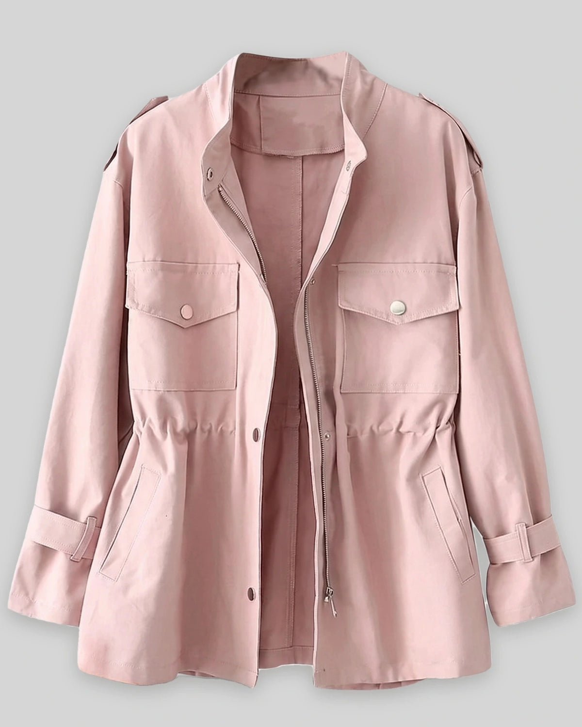 Women's Utility Jacket with Cinched Waist and Flap Pockets, Adjustable Drawstring Waist – Gemma Belle
