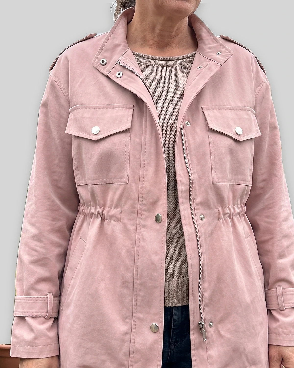 Women's Utility Jacket with Cinched Waist and Flap Pockets, Adjustable Drawstring Waist – Gemma Belle