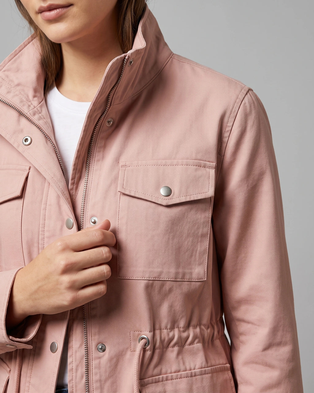 Women's Utility Jacket with Cinched Waist and Flap Pockets, Adjustable Drawstring Waist – Gemma Belle