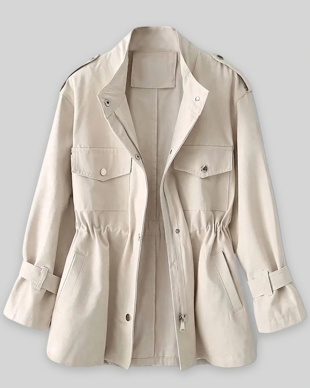 Women's Utility Jacket with Cinched Waist and Flap Pockets, Adjustable Drawstring Waist – Gemma Belle