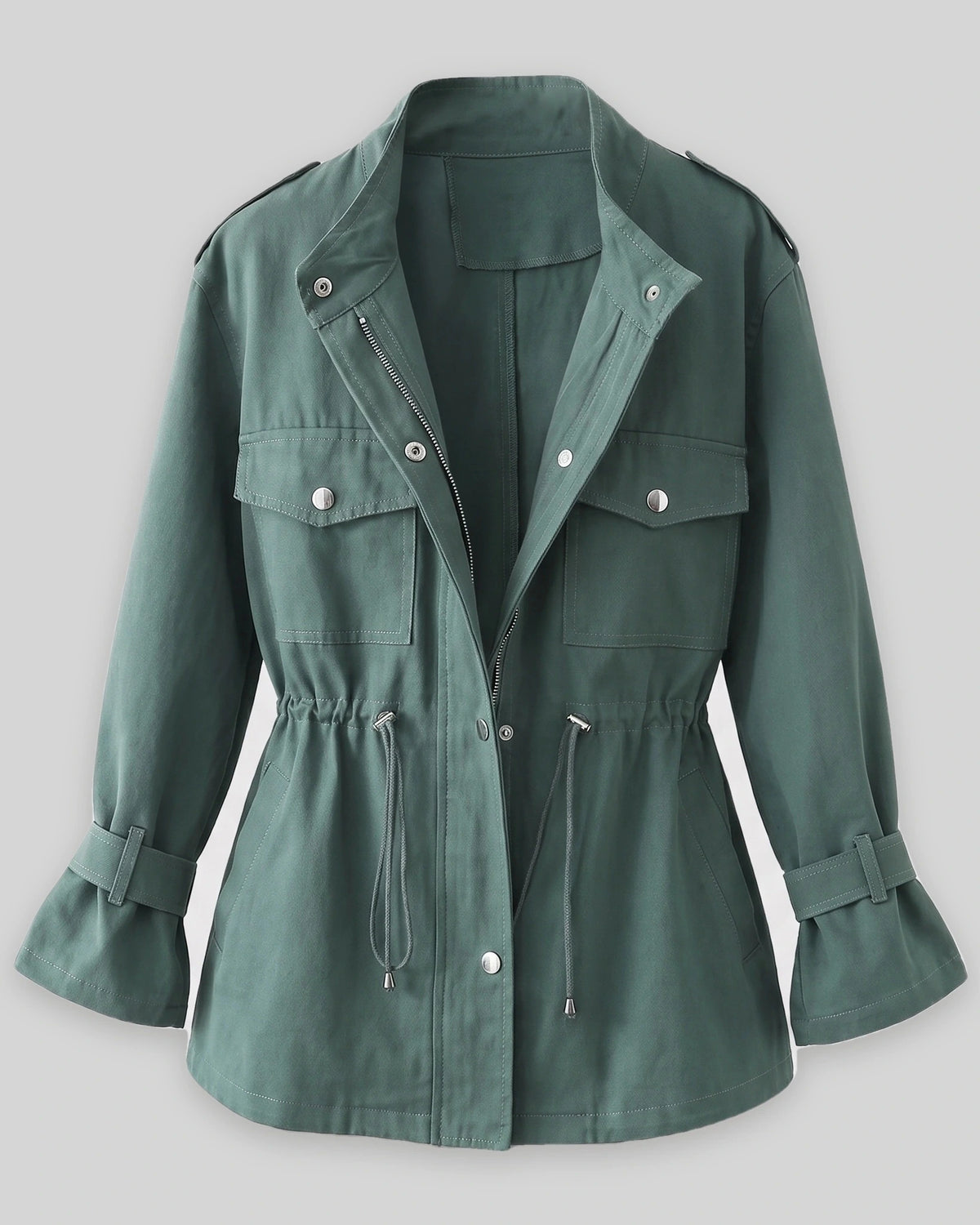 Women's Utility Jacket with Cinched Waist and Flap Pockets, Adjustable Drawstring Waist – Gemma Belle