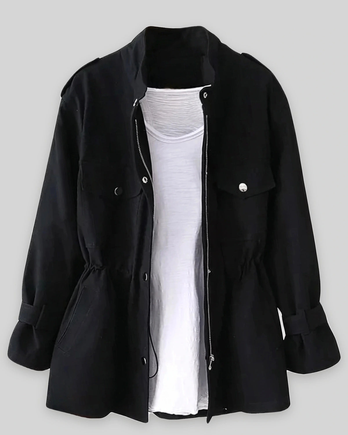 Women's Utility Jacket with Cinched Waist and Flap Pockets, Adjustable Drawstring Waist – Gemma Belle