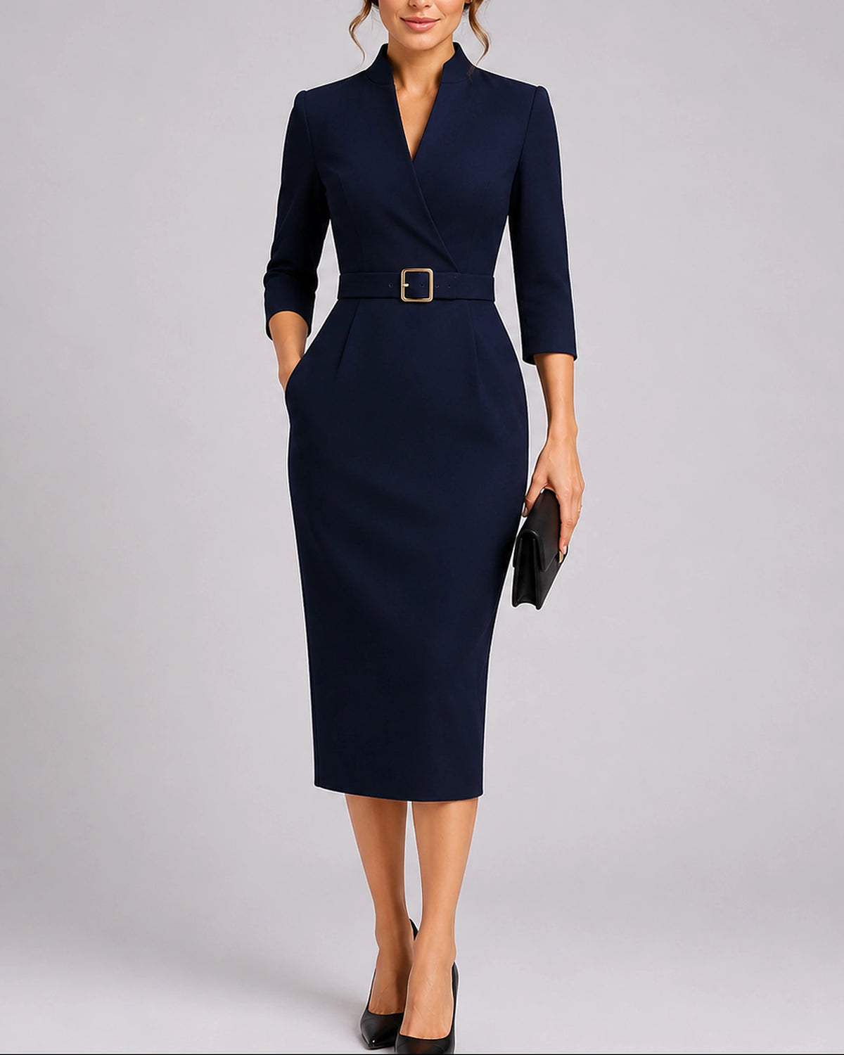 Women's Wedding Guest Midi Dress with V-Neck, Belt and Side Pockets, Bodycon Fit – Rosalie Jane