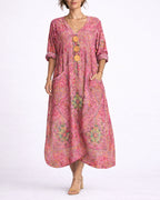 Women's Kaftan Maxi Dress with V Neck Button Front and Side Pockets, Bohemian Print – Phoebe Jane