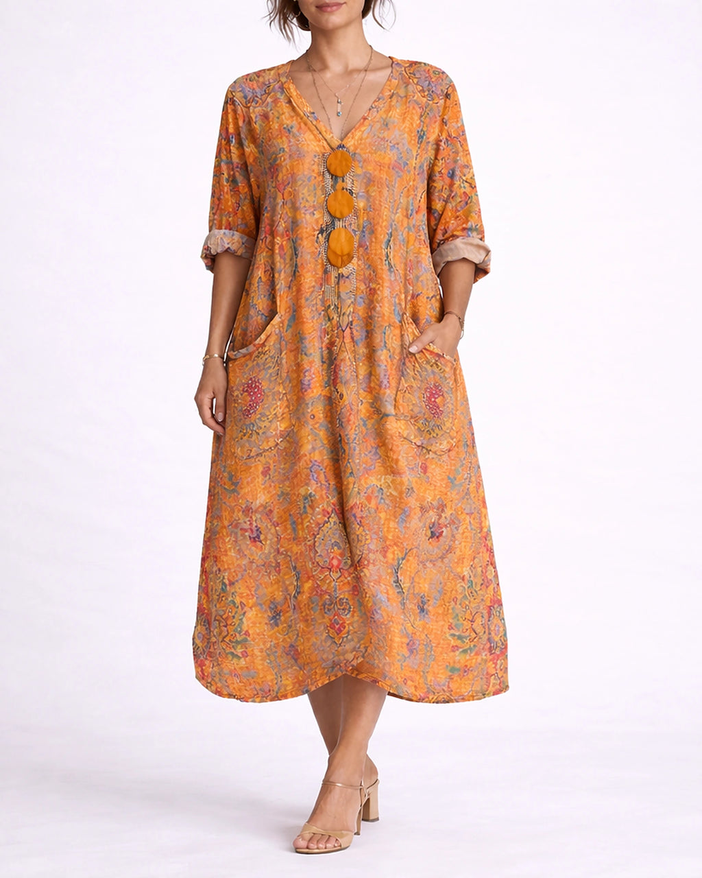 Women's Kaftan Maxi Dress with V Neck Button Front and Side Pockets, Bohemian Print – Phoebe Jane