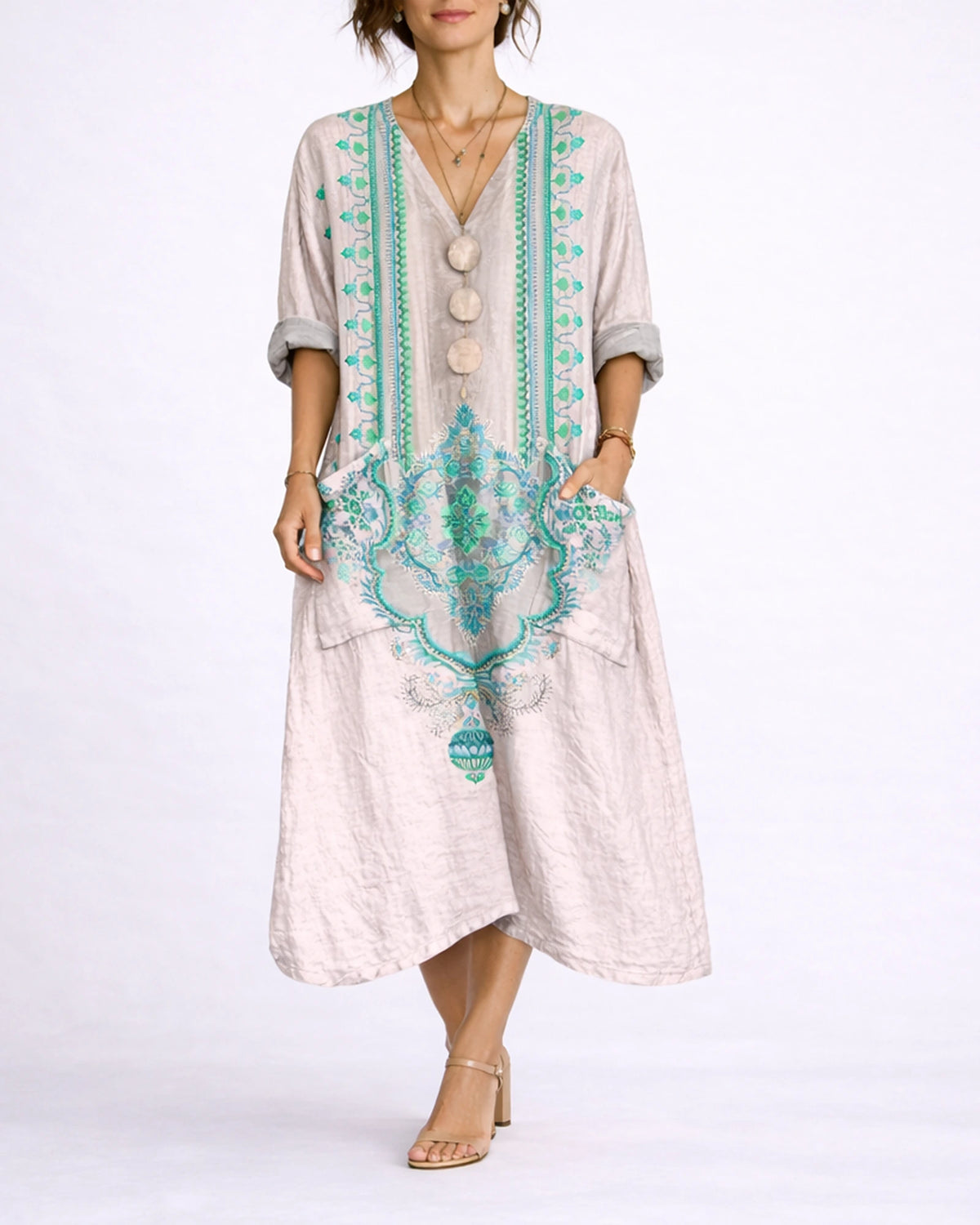 Women's Kaftan Maxi Dress with V Neck Button Front and Side Pockets, Bohemian Print – Phoebe Jane