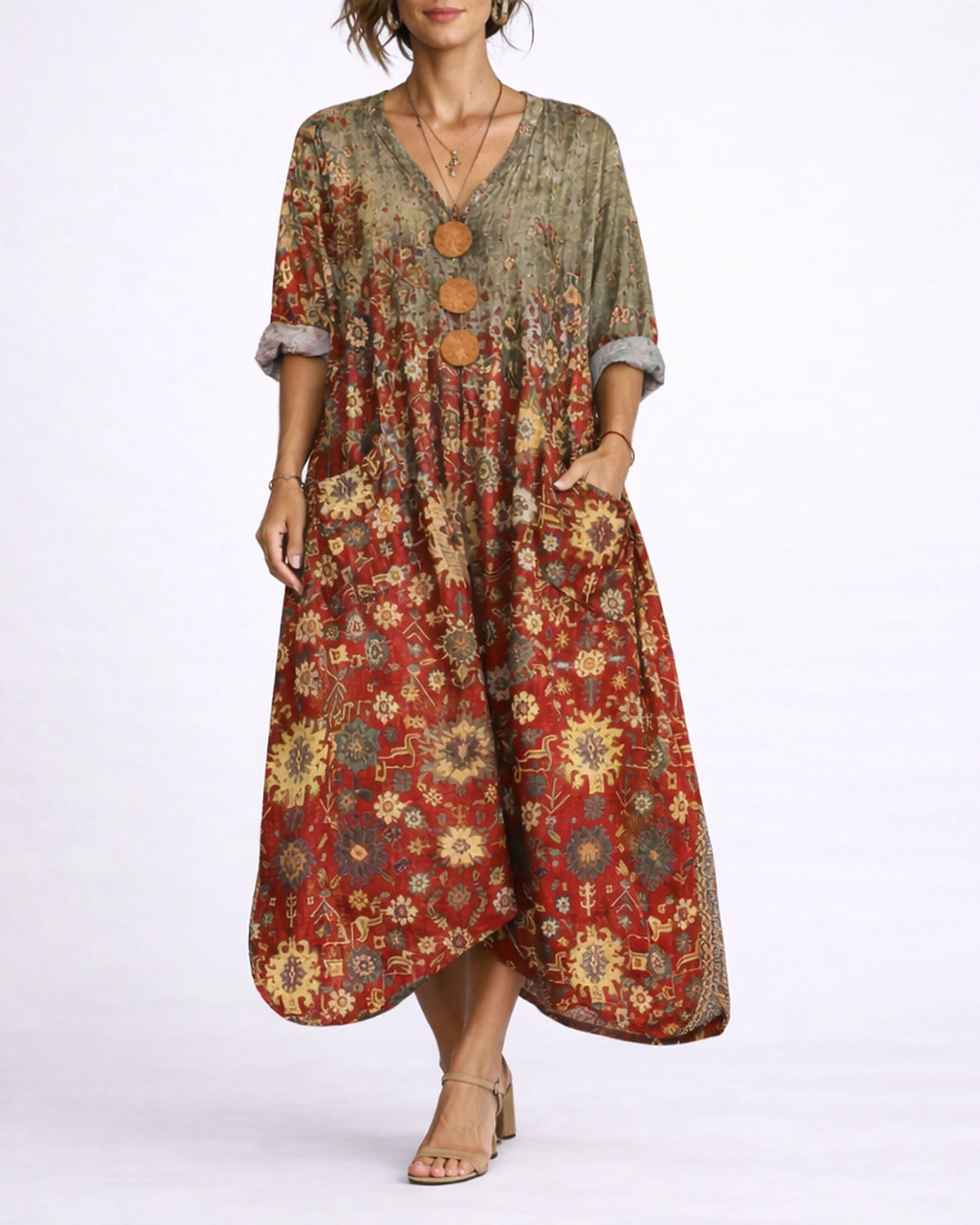 Women's Kaftan Maxi Dress with V Neck Button Front and Side Pockets, Bohemian Print – Phoebe Jane