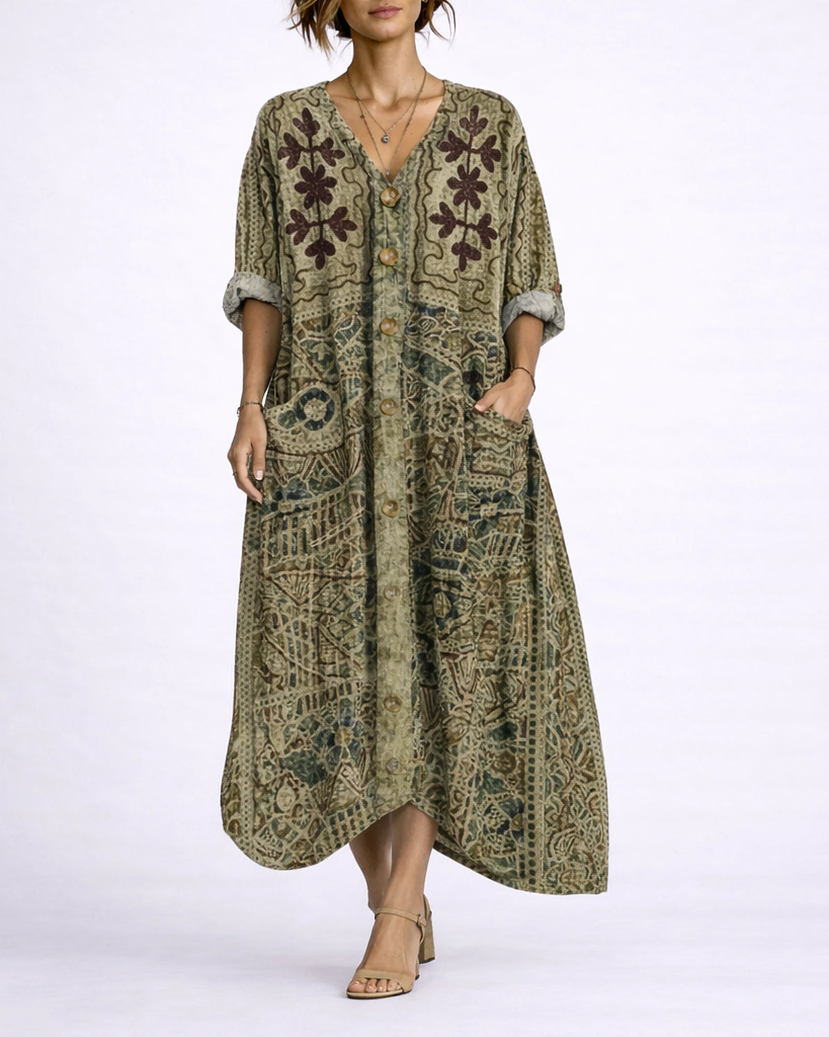 Women's Kaftan Maxi Dress with V Neck Button Front and Side Pockets, Bohemian Print – Phoebe Jane