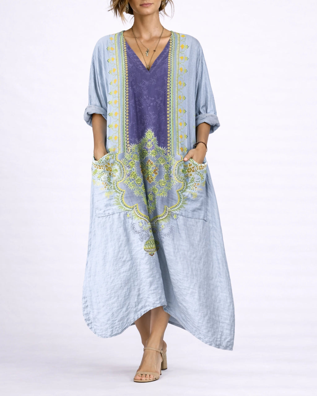 Women's Kaftan Maxi Dress with V Neck Button Front and Side Pockets, Bohemian Print – Phoebe Jane