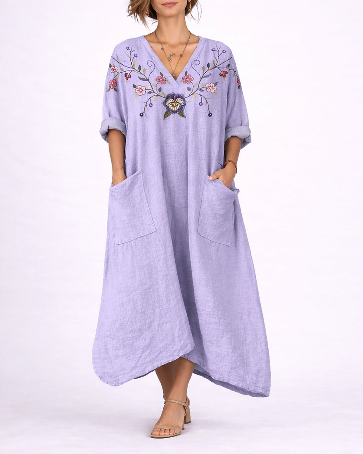 Women's Kaftan Maxi Dress with V Neck Button Front and Side Pockets, Bohemian Print – Phoebe Jane