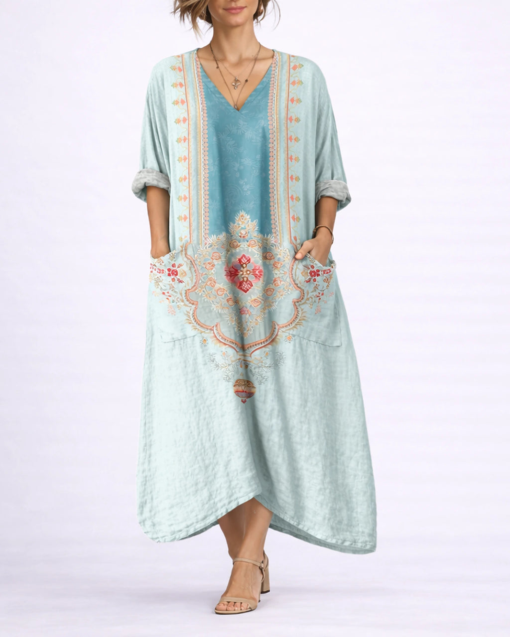 Women's Kaftan Maxi Dress with V Neck Button Front and Side Pockets, Bohemian Print – Phoebe Jane