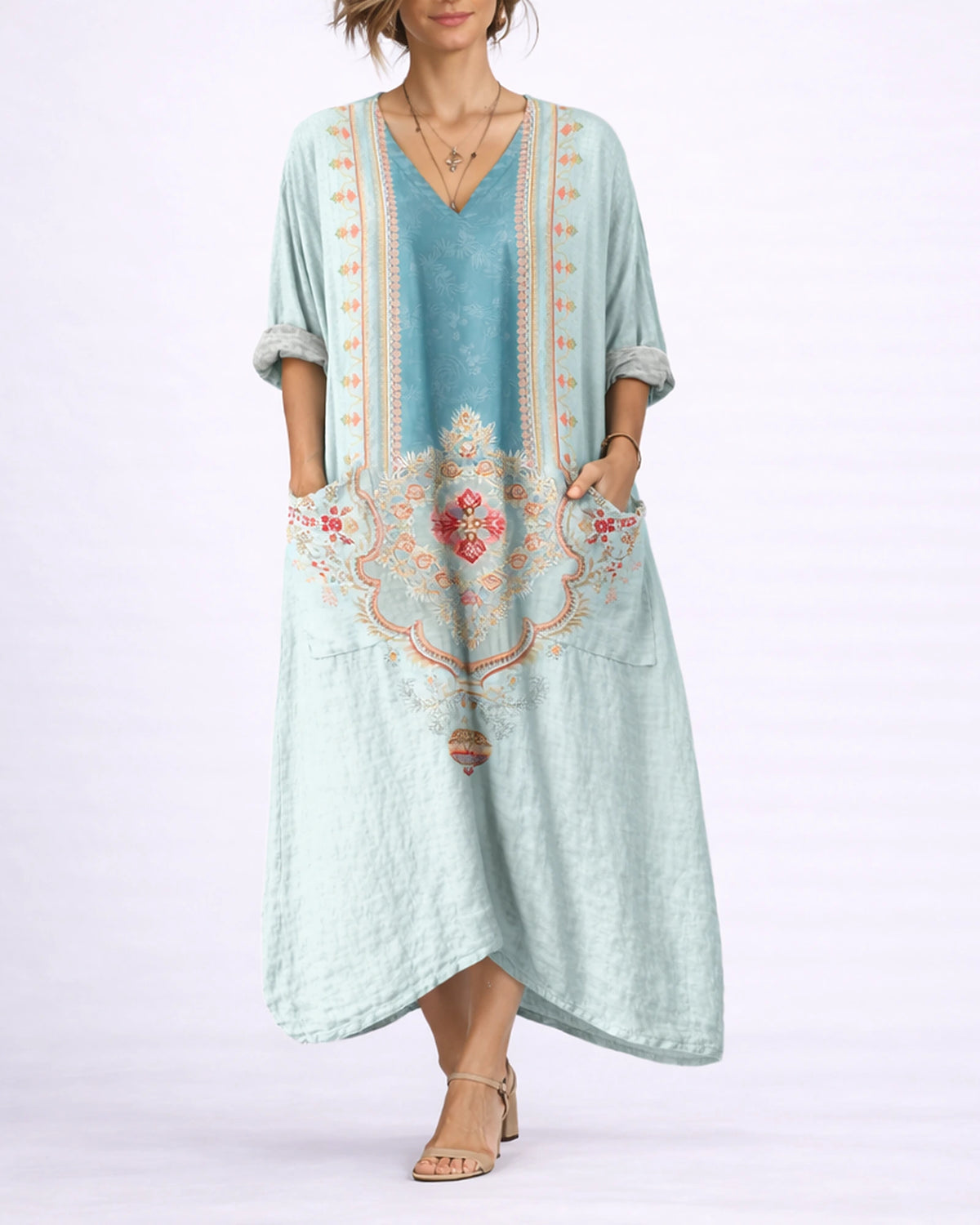 Women's Kaftan Maxi Dress with V Neck Button Front and Side Pockets, Bohemian Print – Phoebe Jane