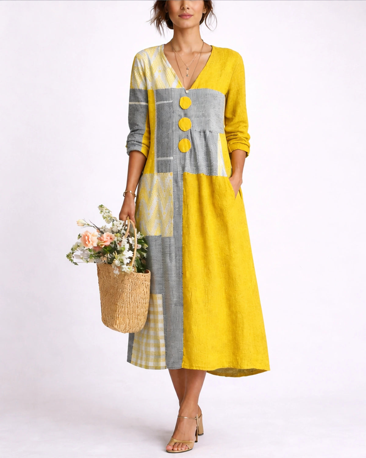 Women's Midi Dress with V-Neck in Colour Block Patchwork Linen, Three-Quarter Sleeves and Side Pockets – Talia Belle