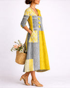 Women's Midi Dress with V-Neck in Colour Block Patchwork Linen, Three-Quarter Sleeves and Side Pockets – Talia Belle