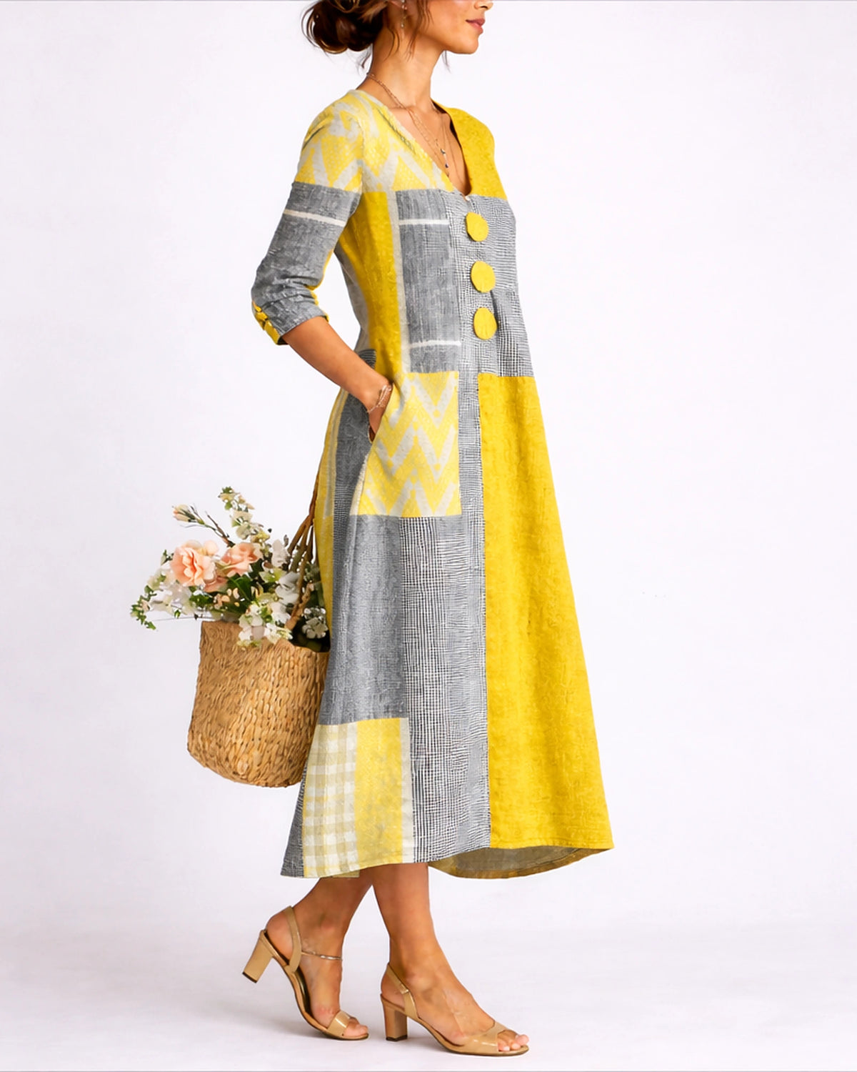 Women's Midi Dress with V-Neck in Colour Block Patchwork Linen, Three-Quarter Sleeves and Side Pockets – Talia Belle