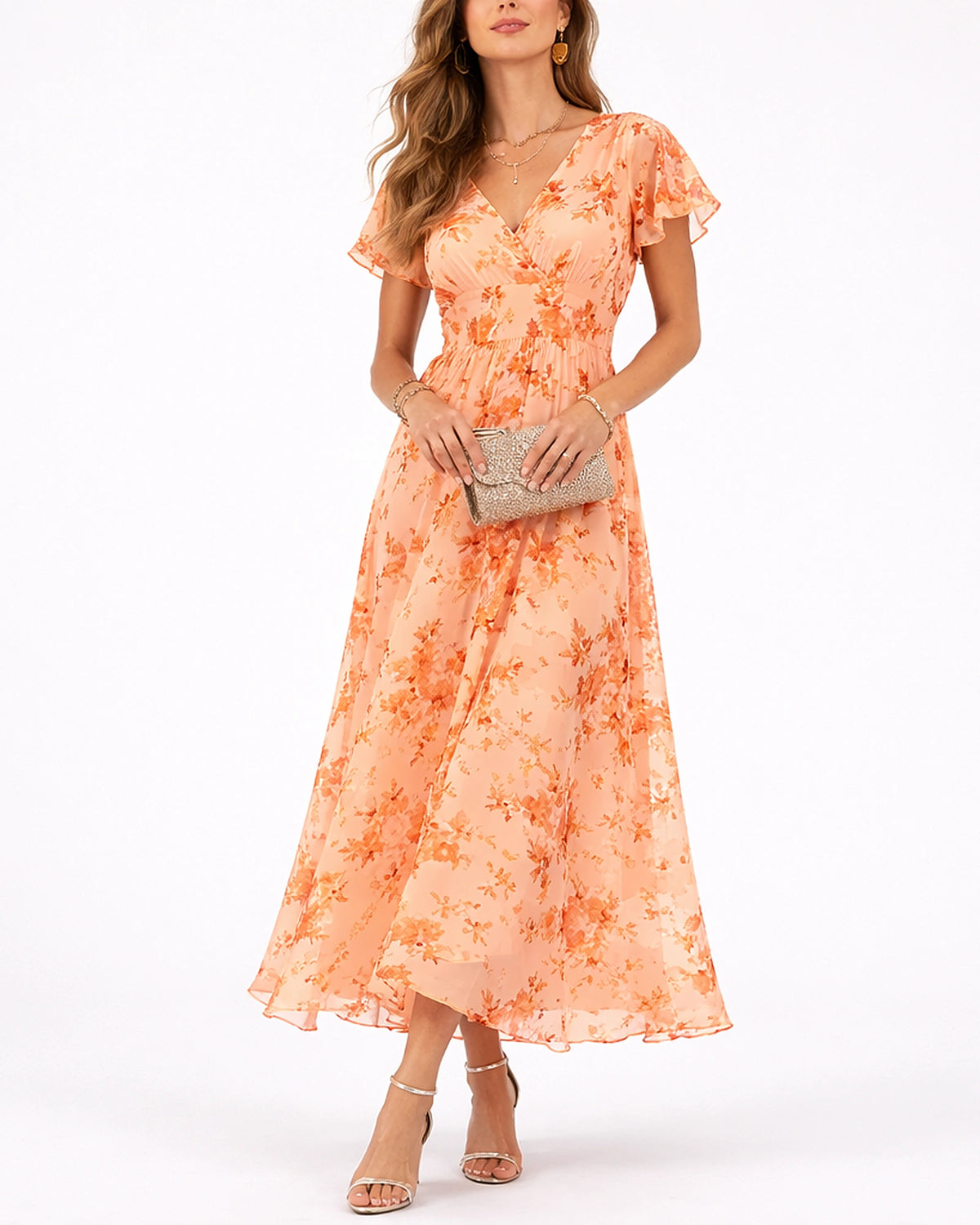 Women's Floral Maxi Dress with V-Neck and Flutter Sleeves in Chiffon – Olive Belle