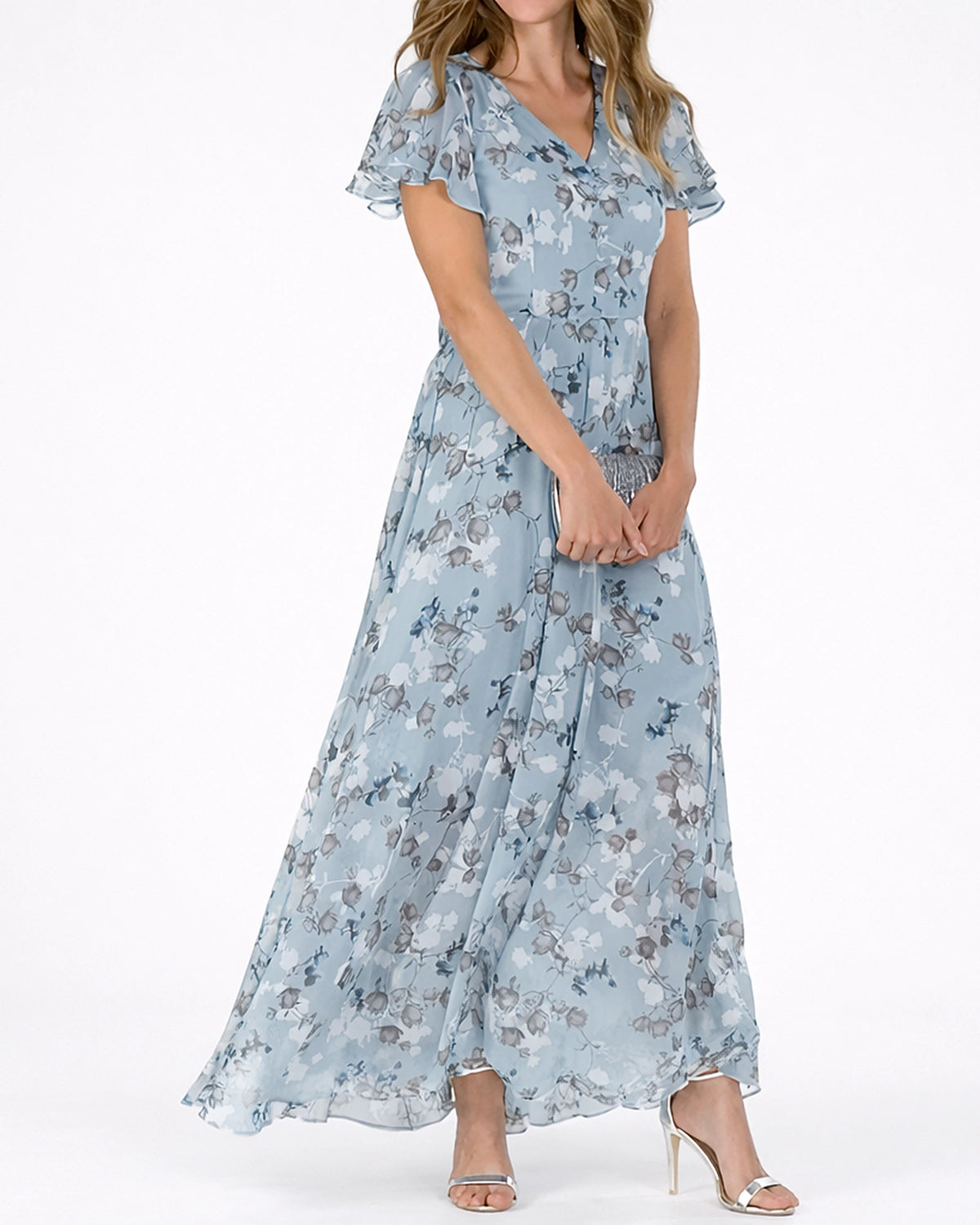 Women's Floral Maxi Dress with V-Neck and Flutter Sleeves in Chiffon – Olive Belle