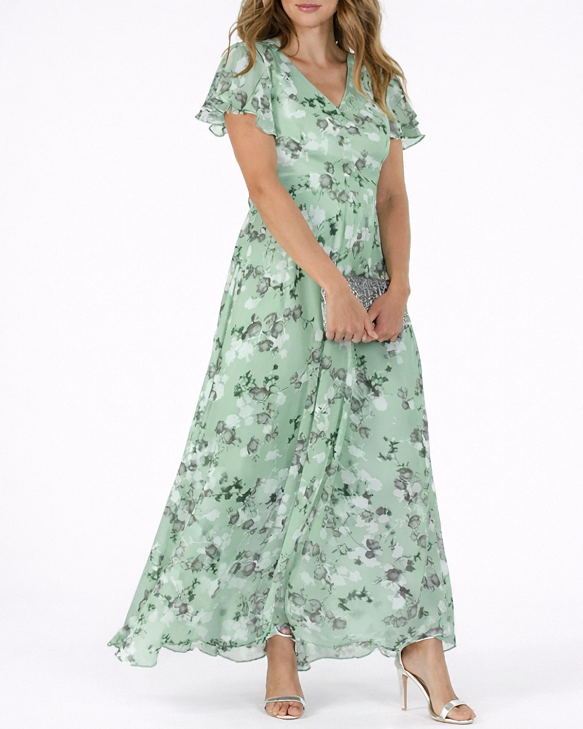 Women's Floral Maxi Dress with V-Neck and Flutter Sleeves in Chiffon – Olive Belle
