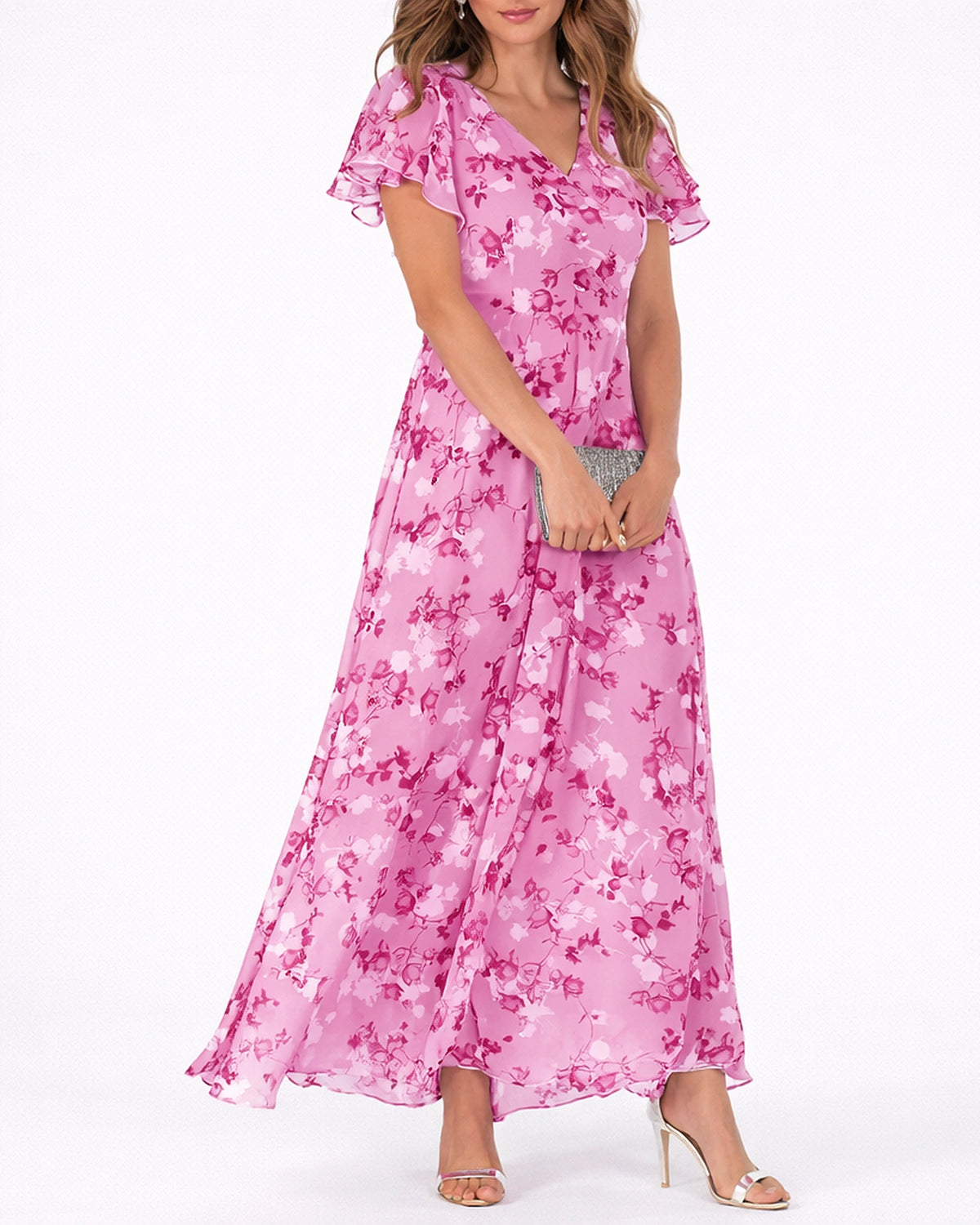 Women's Floral Maxi Dress with V-Neck and Flutter Sleeves in Chiffon – Olive Belle