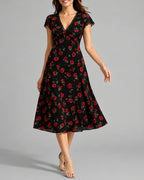 Women's Black Floral Midi Dress with Lace Trim Sleeves, V-Neck – Olive Jane