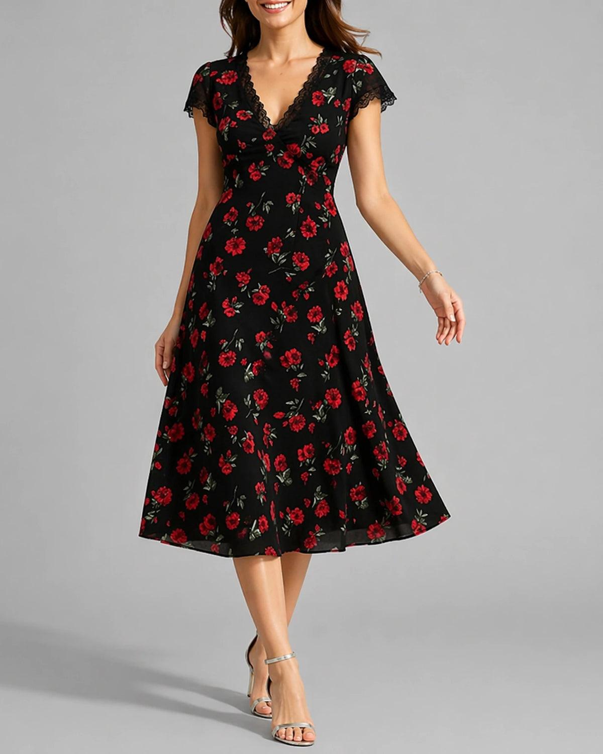 Women's Black Floral Midi Dress with Lace Trim Sleeves, V-Neck – Olive Jane