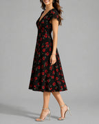 Women's Black Floral Midi Dress with Lace Trim Sleeves, V-Neck – Olive Jane