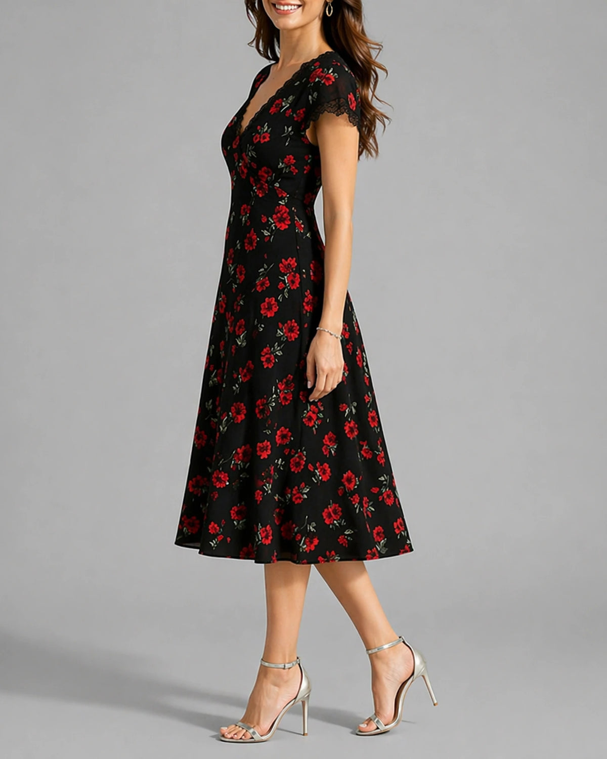 Women's Black Floral Midi Dress with Lace Trim Sleeves, V-Neck – Olive Jane