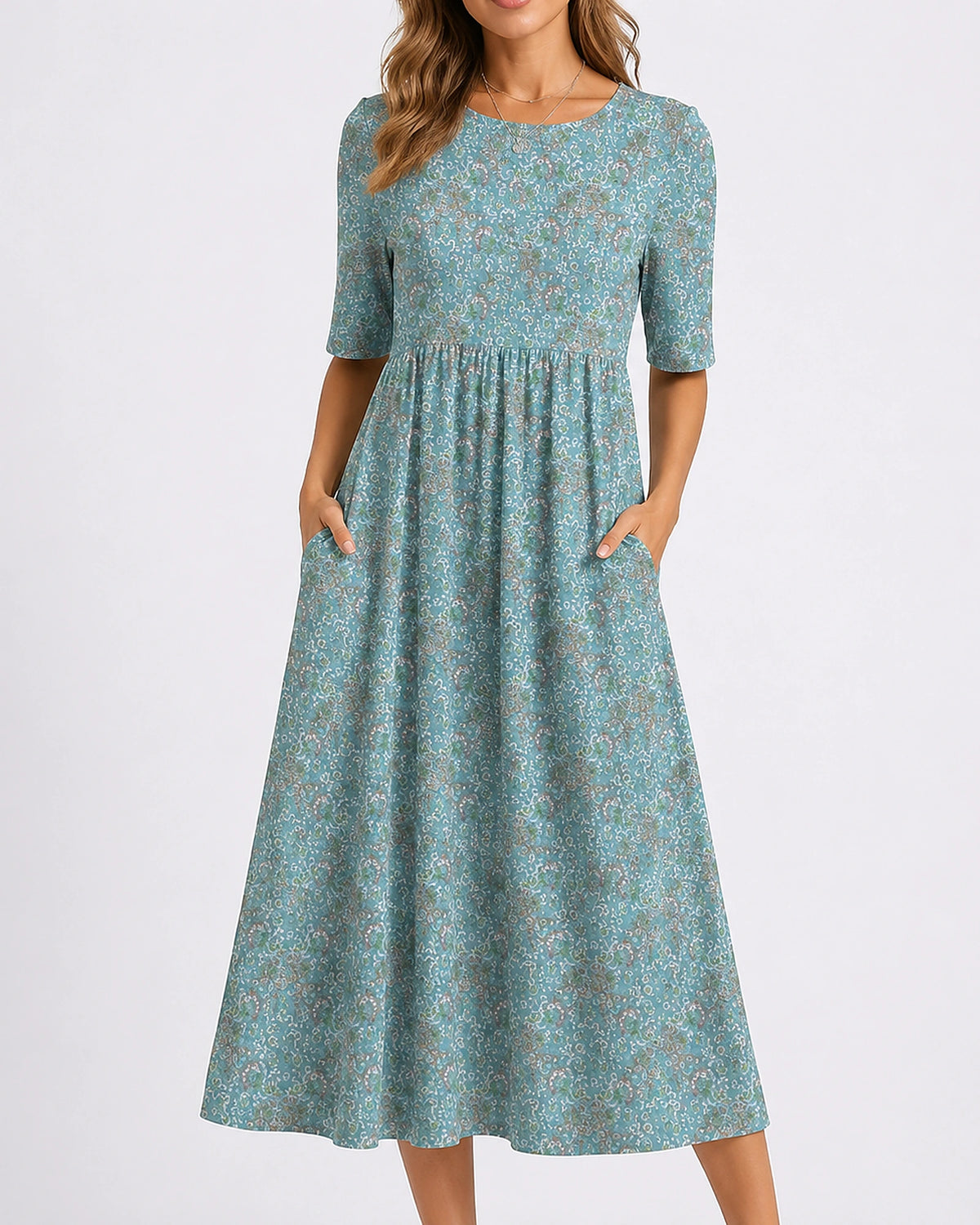 Women's Midi Dress with V Neck, Short Sleeves and Side Pockets in Floral Print – Beatrix Lou