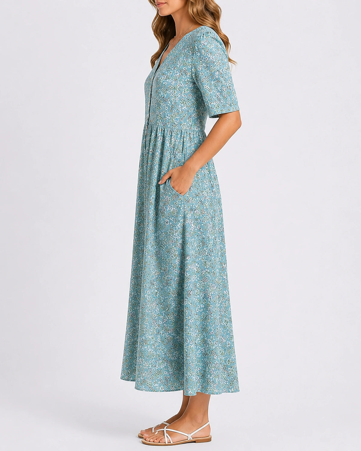 Women's Midi Dress with V Neck, Short Sleeves and Side Pockets in Floral Print – Beatrix Lou